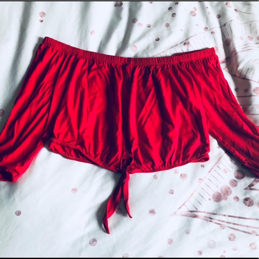 LA Hearts Red off the shoulder crop top